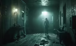 a woman is walking through a dark room