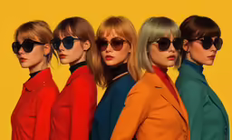 four female models in bright colored suits and sunglasses