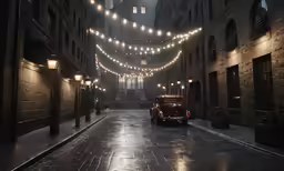 a classic car in the city is parked underneath a street string of lights