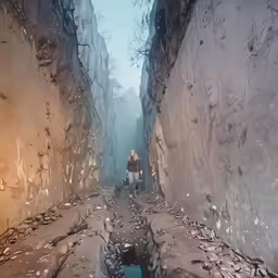 a person is walking down a narrow stone alley way