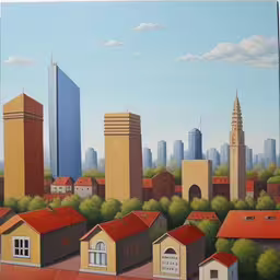 a painting on canvas of a city with buildings,a painting of some buildings near a big city