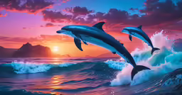 two dolphins jumping over an ocean wave at sunset