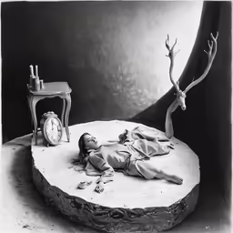 a photo taken from an old - fashioned album shows a statue of a person on the floor