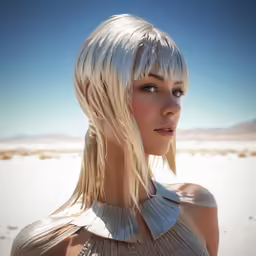 a 3d rendering of the girl wearing an outfit on a desert scene