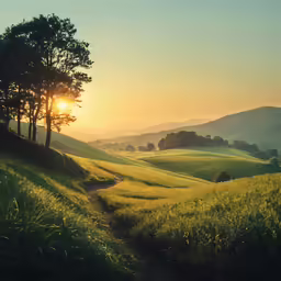 a view of green hills at sunset with a path in the foreground