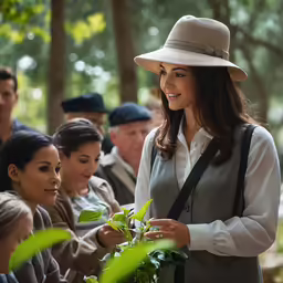 a woman wearing a white shirt and a hat