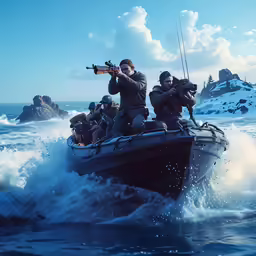 two men holding guns and fishing in the ocean