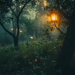 a light is shining through the trees and plants