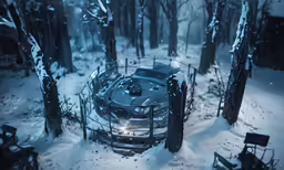 a parked car sitting in the middle of a snowy forest
