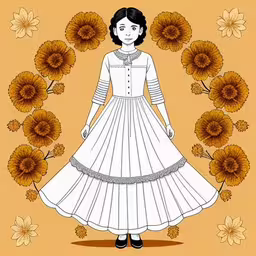 an image of a woman wearing a dress in front of a circle with flowers,a woman in a white dress and flowers,a woman wearing a white dress in front of a flower garden with flowers,a girl in a dress standing next to a circle of flowers,a woman in white dress surrounded by yellow flowers