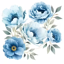 three blue flower arrangements on white background