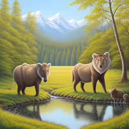 two animals are standing next to a stream,two brown bears and one black bear are by the water,there are animals in the picture,two animals near a pond in a field,two bears and three cubs look out over a stream