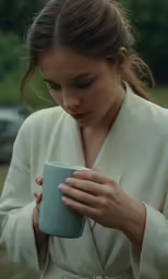 a woman in white robe holding a blue mug