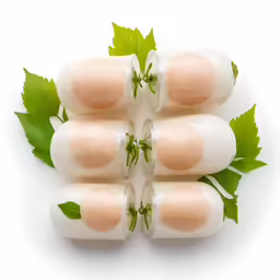 four white plastic cups and leaves filled with cream