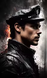 a man in a leather jacket wearing a hat,a black man in a cap, looking at something