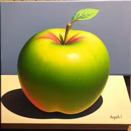 the painting is of a green apple with a green leaf,a green apple with a leaf painted on it,a painting of an apple with leaf and shadow on a wooden table,a painting of a green apple on a counter,painting of an apple on top of a table