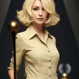 a blonde woman with a golden tie and dress