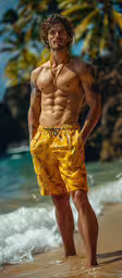 a man with his shirt off standing on a beach,a man walking on the beach with his shirt off
