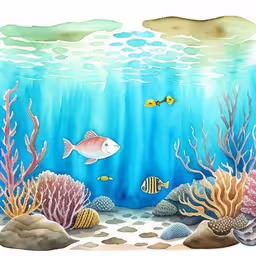 this is a painting of the underwater scene,an underwater scene of fishes, corals and seashells,colorful underwater scene with fish and corals,painting of underwater scene with coral and fish,a cartoon of a coral reef with colorful fish