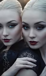 two women with black dresses, red lips and white hair