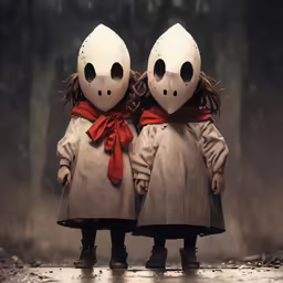 two puppets of children with a red scarf around their heads