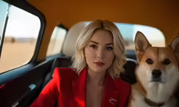 blonde lady in red outfit sitting with dog inside car