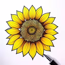an ink drawing of a sunflower with a single flower on it,a drawing of a sunflower in colored pencil