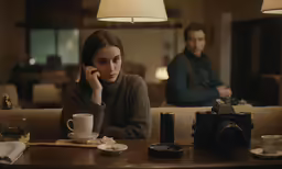 two people sitting at a table and talking on cell phones