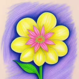 drawing of flower with colored pencils on paper,a drawing of a bright yellow flower,pastel drawing of a yellow flower with pink petals,an illustration of a pink and yellow flower,an artistic drawing of a flower