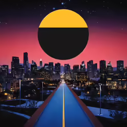 a city is seen from a bridge at dusk with an image of a sun on the side of it