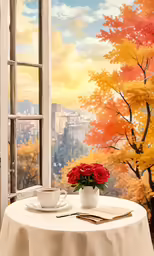 a window view of autumn leaves, and red flowers on a table