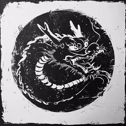a black and white image of a dragon on a white circle,black and white image with dragon like body