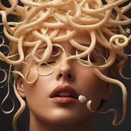 a woman has her head made from some noodles
