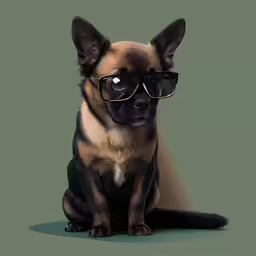 small dog with sunglasses on a green background