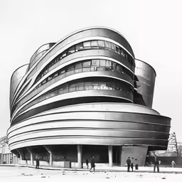people walking outside the building with black and white photograph
