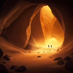 two people walking inside of a cave like structure