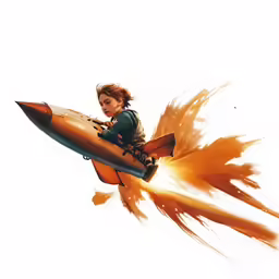 a boy riding on the back of an orange rocket