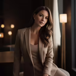 a woman in beige suit posing for a picture