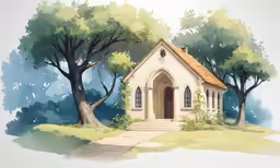 a painting of a small white house with a small front door