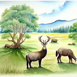 three deer standing in a grassy field in front of a mountain