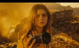 a woman holding a camera on top of a field