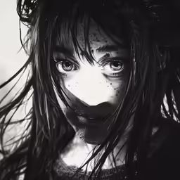 a woman with long hair covering her face