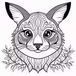 a cat with flowers on its head and eyes,an animal face in the center of leaves,the face of a cat with elaborate ornaments on its head,an adult coloring book with a cat