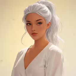 a realistic looking white haired woman wearing a white dress