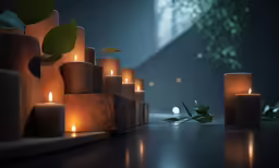 candles lit in varying shapes and sizes with plants