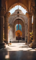 an open courtyard with columns and arched windows
