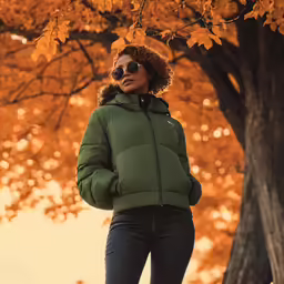 a young woman in sunglasses stands under a tree in fall