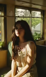 a woman that is sitting down looking off to the side