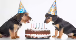 a cute little dog sitting next to a birthday cake