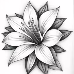 the stylized drawing of a flower,a white lily with many leaves